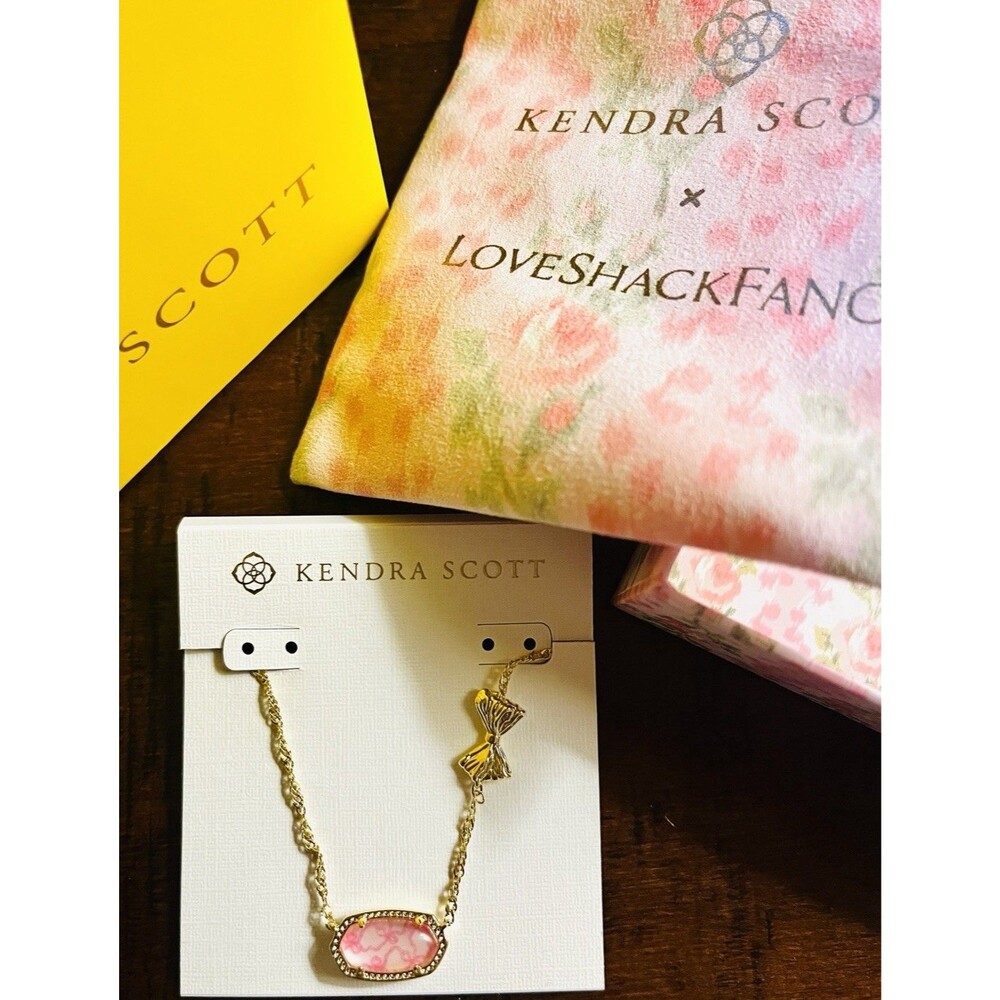 LoveShackFancy X Kendra Scott Elisa Luna Rosa Gold Bow Necklace Posey Pink NWT - Picture 2 of 4